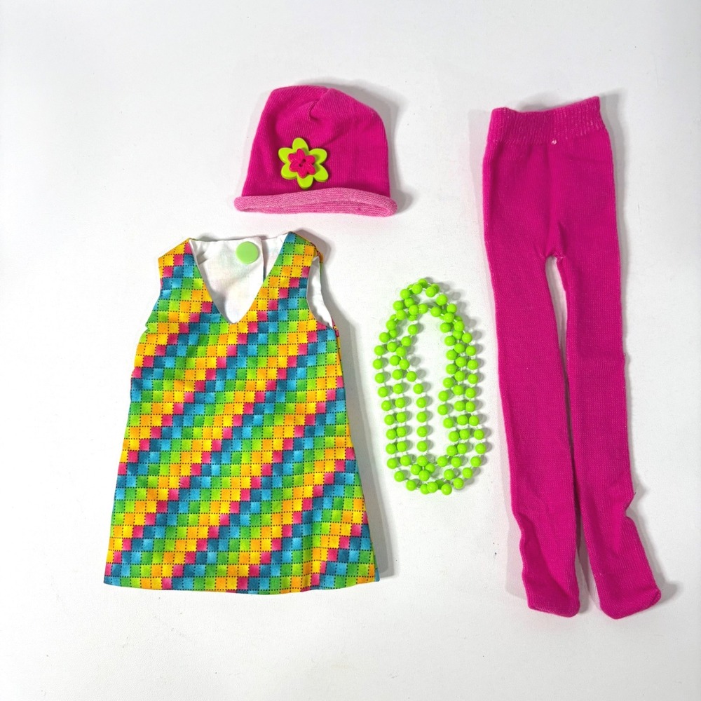 Handmade 14 in Doll Clothes Set Rainbow Checkered Dress Pink Leggings Hat 4pc